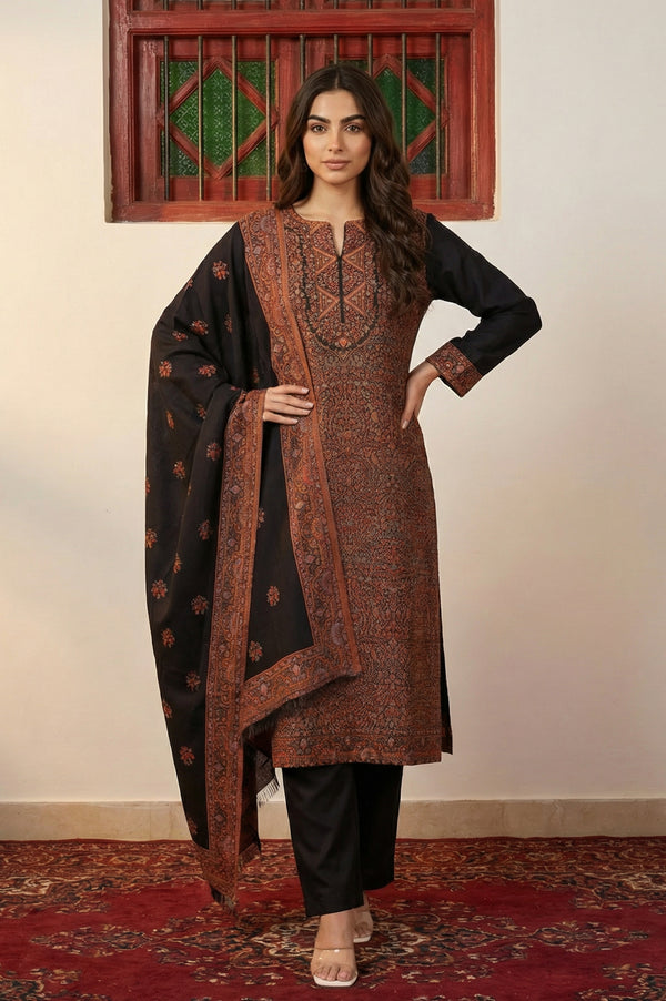 Black Ethnic Motifs Jacquard Straight Kurta with Pants and Dupatta Set