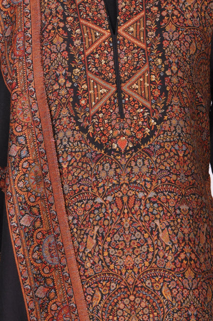 Black Ethnic Motifs Jacquard Straight Kurta with Pants and Dupatta Set