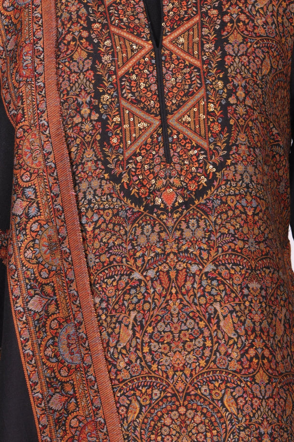Black Ethnic Motifs Jacquard Straight Kurta with Pants and Dupatta Set