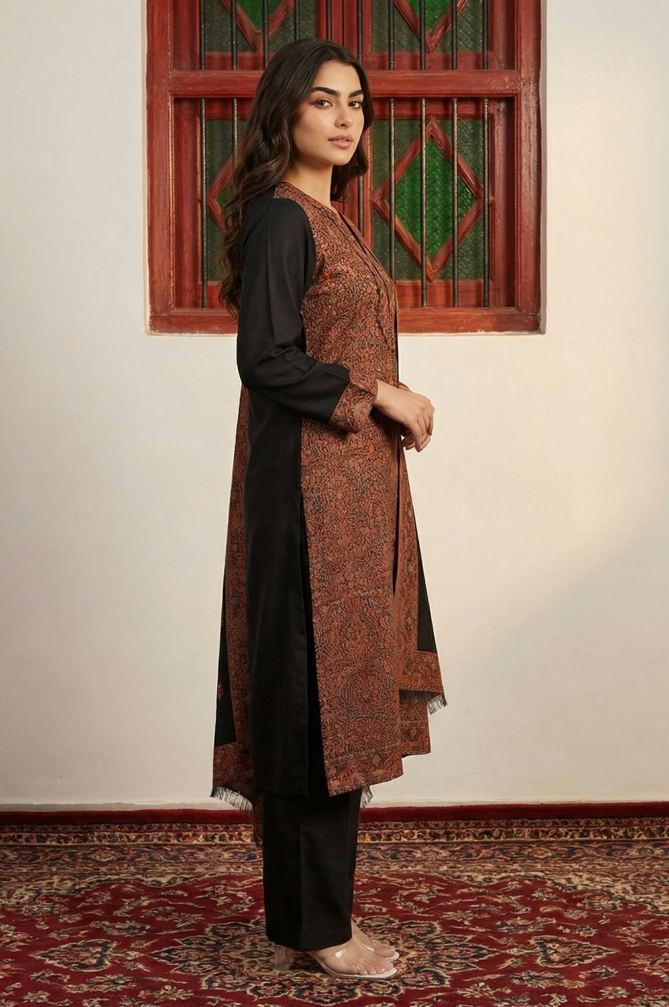 Black Ethnic Motifs Jacquard Straight Kurta with Pants and Dupatta Set