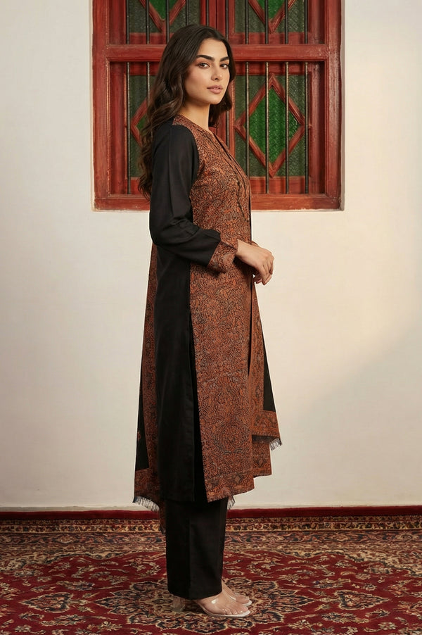 Black Ethnic Motifs Jacquard Straight Kurta with Pants and Dupatta Set