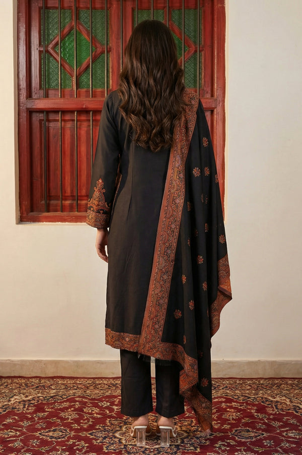 Black Ethnic Motifs Jacquard Straight Kurta with Pants and Dupatta Set