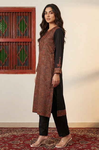 Black Ethnic Motifs Jacquard Straight Kurta with Pants and Dupatta Set