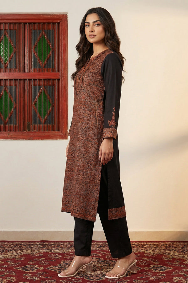 Black Ethnic Motifs Jacquard Straight Kurta with Pants and Dupatta Set