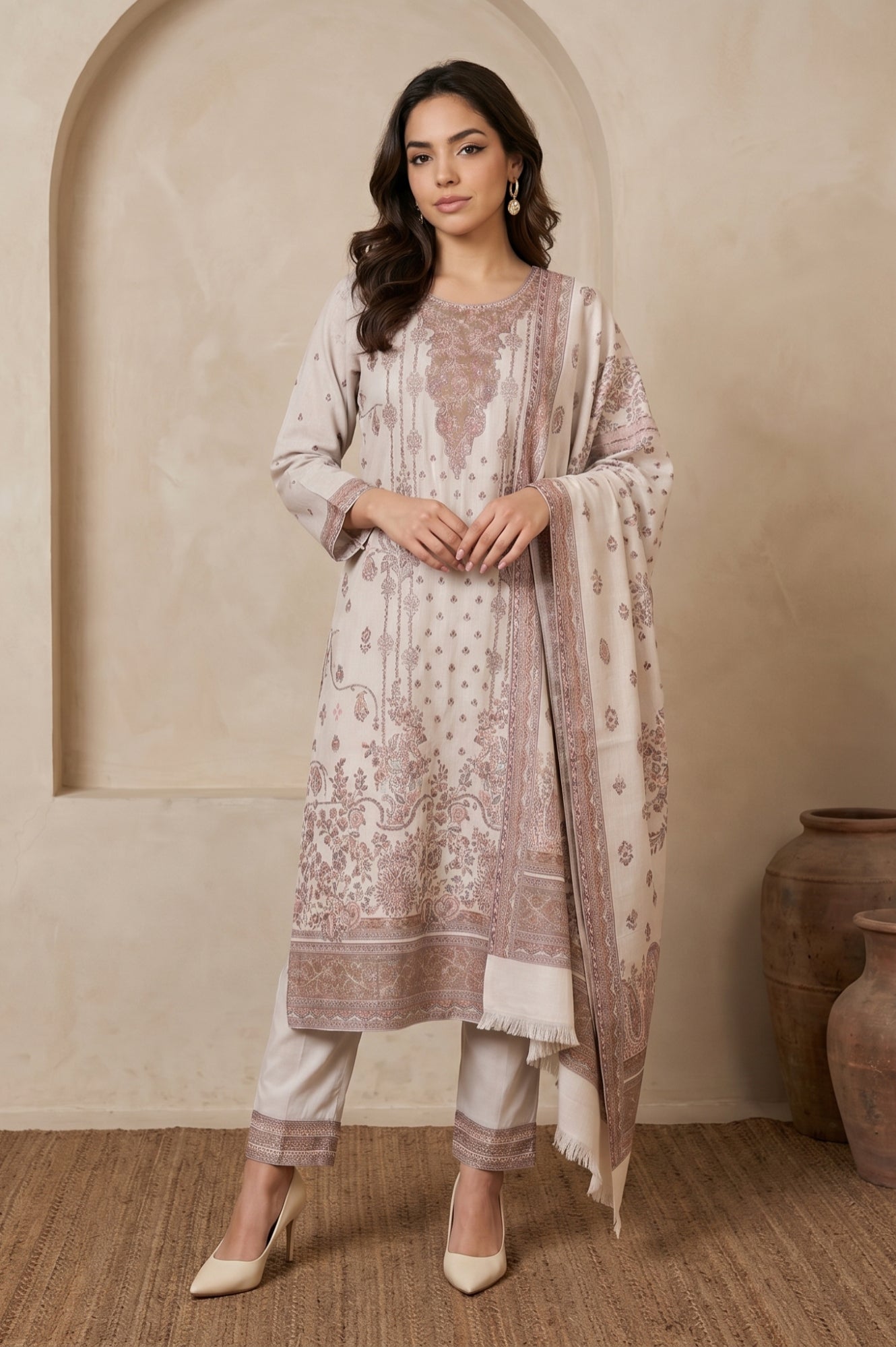 Off White Jacquard Straight Winter Kurta with Pants and Dupatta Set