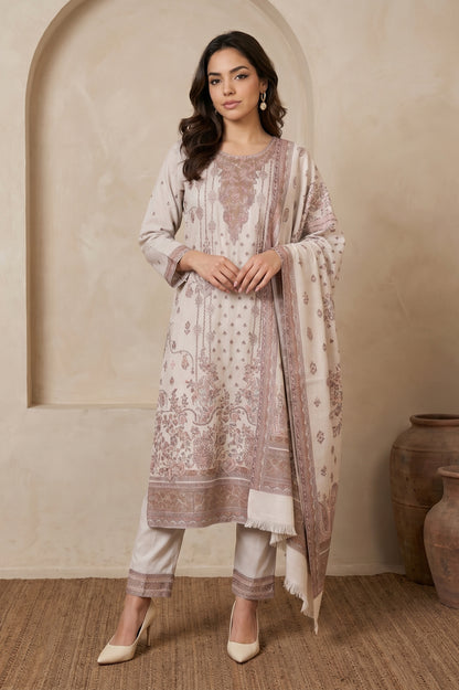 Off White Jacquard Straight Winter Kurta with Pants and Dupatta Set