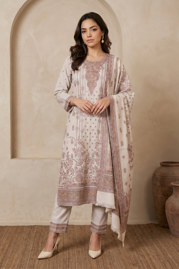 Off White Jacquard Straight Winter Kurta with Pants and Dupatta Set