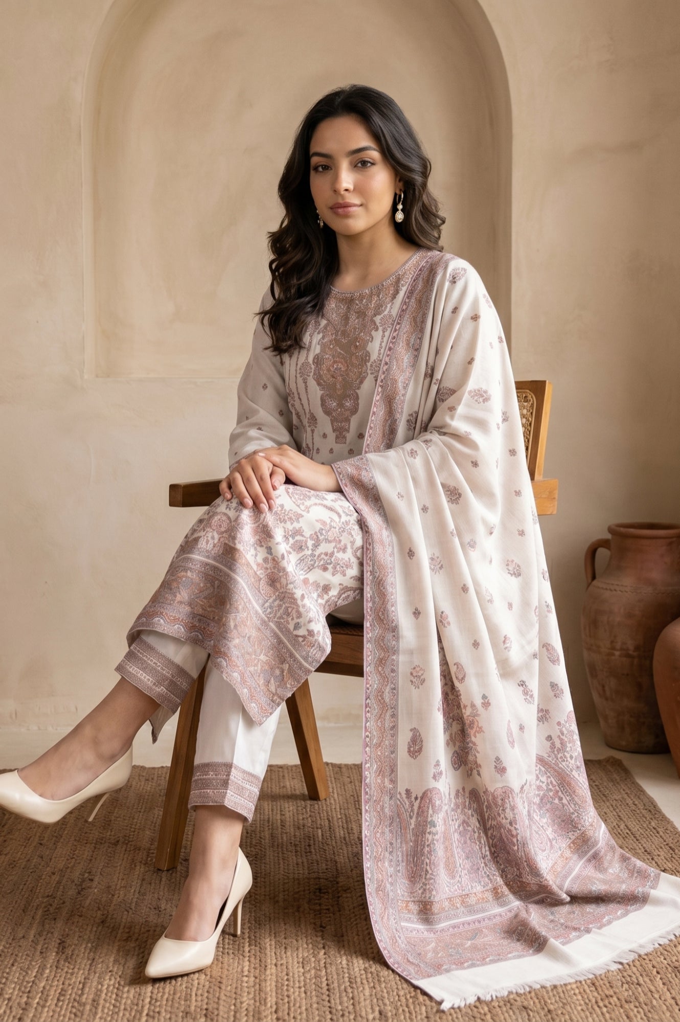 Off White Jacquard Straight Winter Kurta with Pants and Dupatta Set