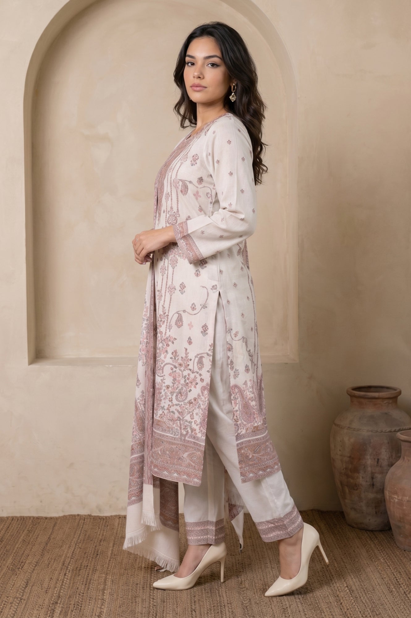 Off White Jacquard Straight Winter Kurta with Pants and Dupatta Set