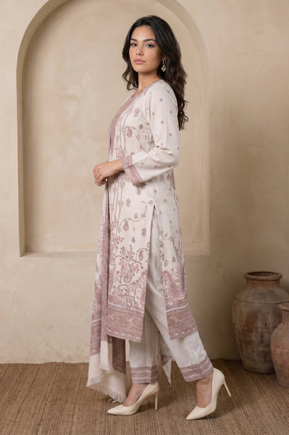 Off White Jacquard Straight Winter Kurta with Pants and Dupatta Set