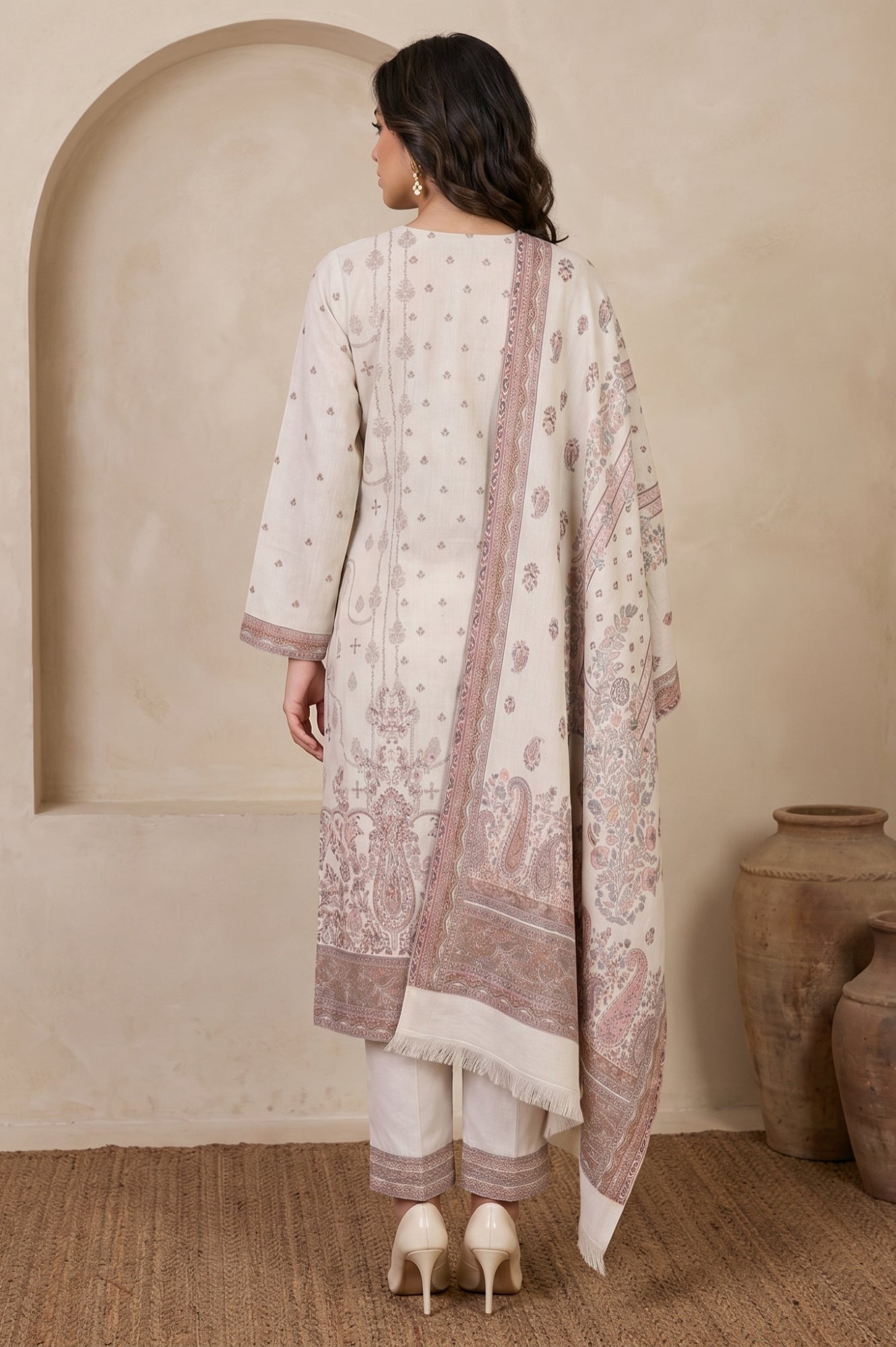 Off White Jacquard Straight Winter Kurta with Pants and Dupatta Set