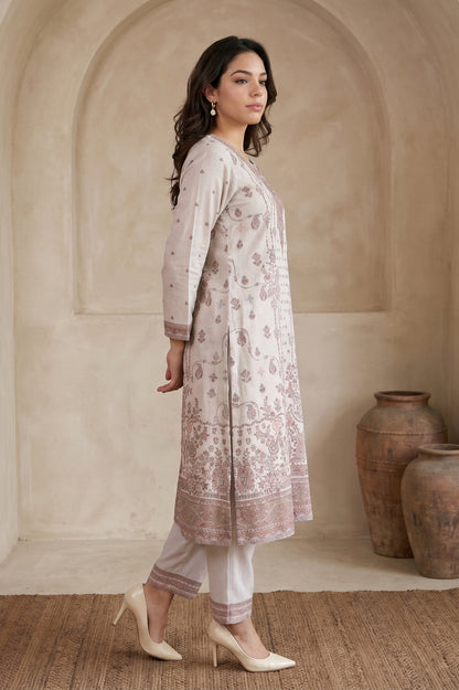 Off White Jacquard Straight Winter Kurta with Pants and Dupatta Set