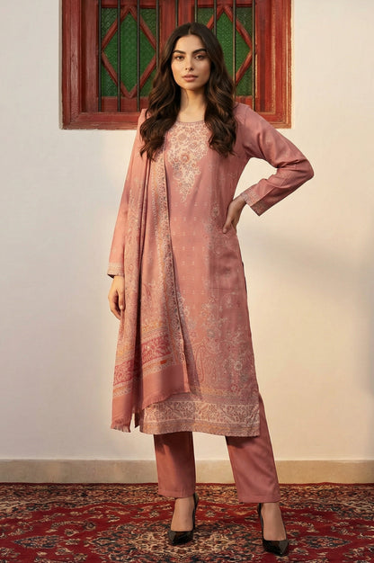 Pink Jacquard Straight Winter Kurta with Pants and Dupatta Set