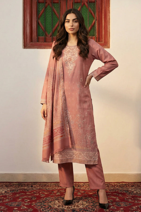 Pink Jacquard Straight Winter Kurta with Pants and Dupatta Set