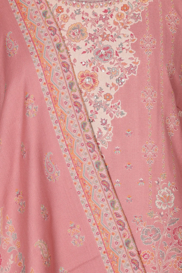 Pink Jacquard Straight Winter Kurta with Pants and Dupatta Set