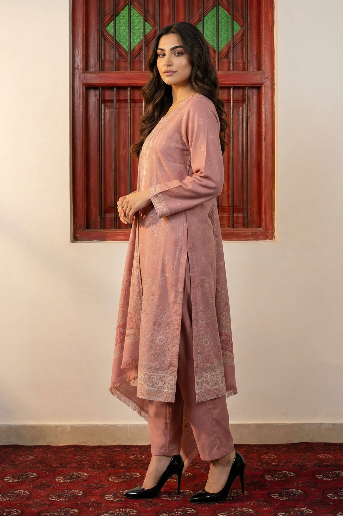 Pink Jacquard Straight Winter Kurta with Pants and Dupatta Set