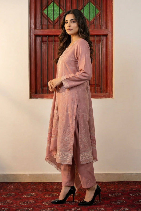 Pink Jacquard Straight Winter Kurta with Pants and Dupatta Set