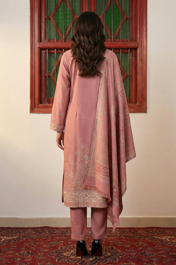 Pink Jacquard Straight Winter Kurta with Pants and Dupatta Set