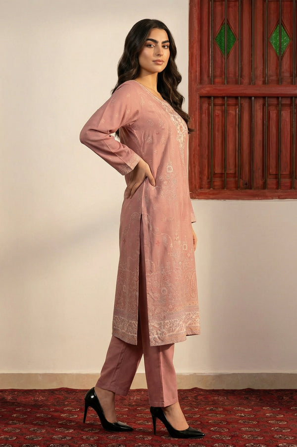 Pink Jacquard Straight Winter Kurta with Pants and Dupatta Set