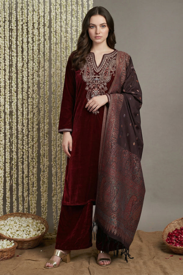 Maroon Straight Kurta with Parallel Pant and Dupatta