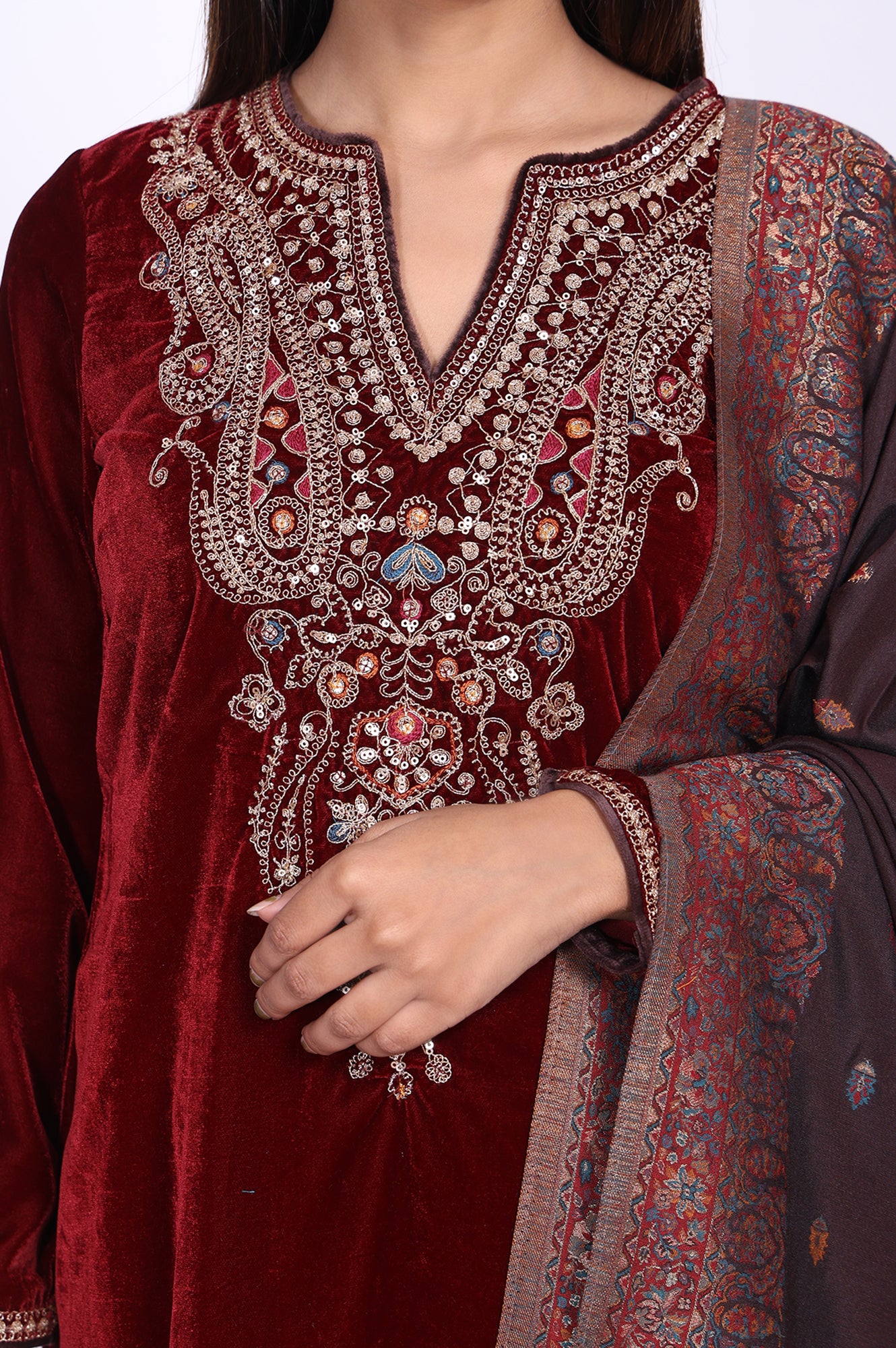 Maroon Straight Kurta with Parallel Pant and Dupatta