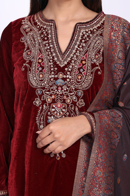 Maroon Straight Kurta with Parallel Pant and Dupatta