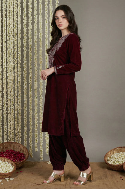 Maroon Straight Kurta with Parallel Pant and Dupatta