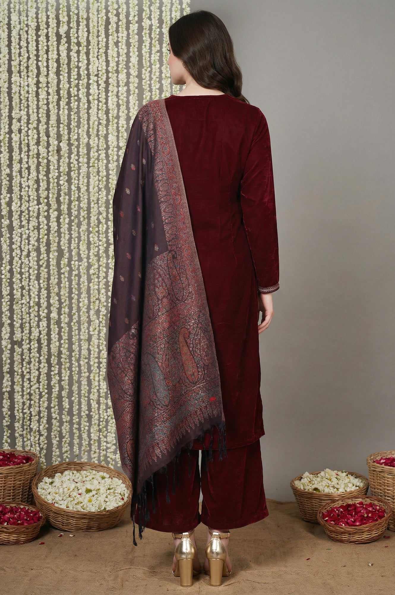 Maroon Straight Kurta with Parallel Pant and Dupatta