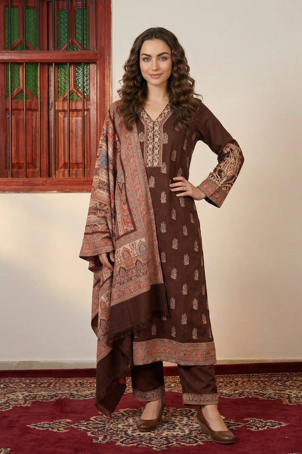 Coffee Brown Ethnic Motifs Thread Work Straight Kurta with Pants and Dupatta Set