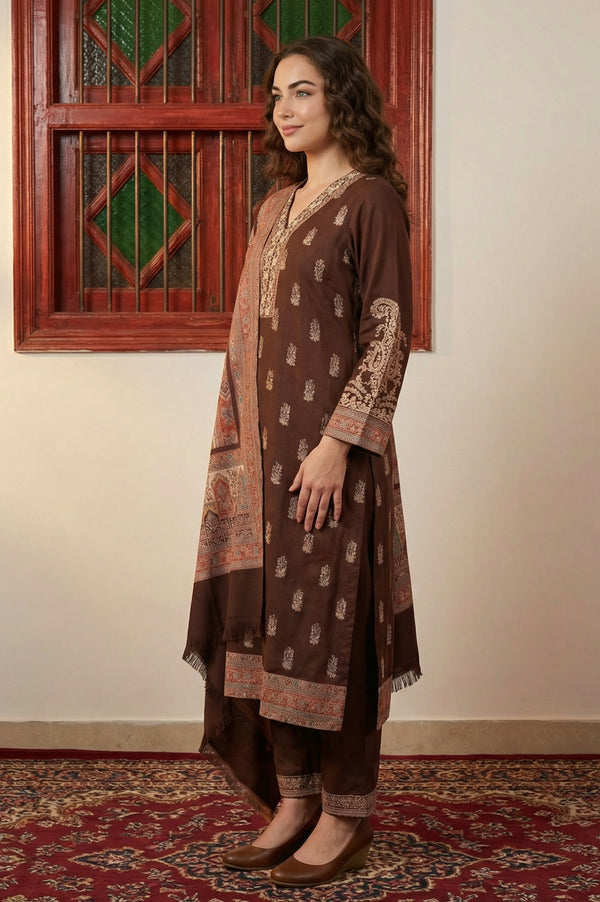 Coffee Brown Ethnic Motifs Thread Work Straight Kurta with Pants and Dupatta Set