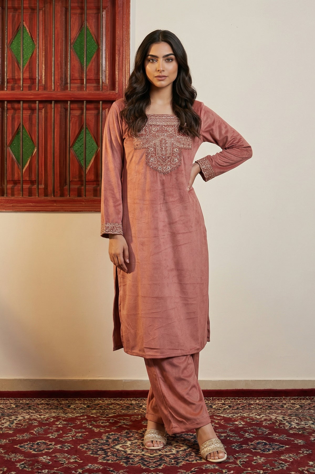 Pink Solid Embroidered Straight Kurta with Flared Pants and Dupatta Set - XS
