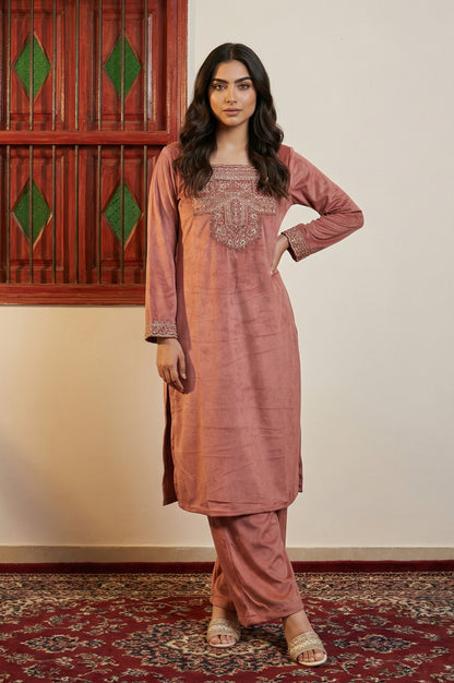 Pink Solid Embroidered Straight Kurta with Flared Pants and Dupatta Set