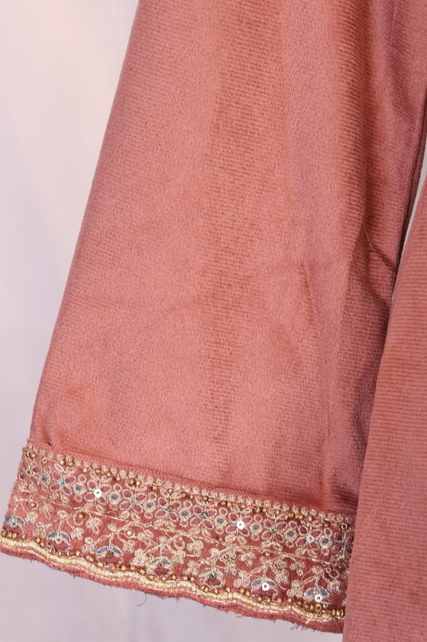 Pink Solid Embroidered Straight Kurta with Flared Pants and Dupatta Set