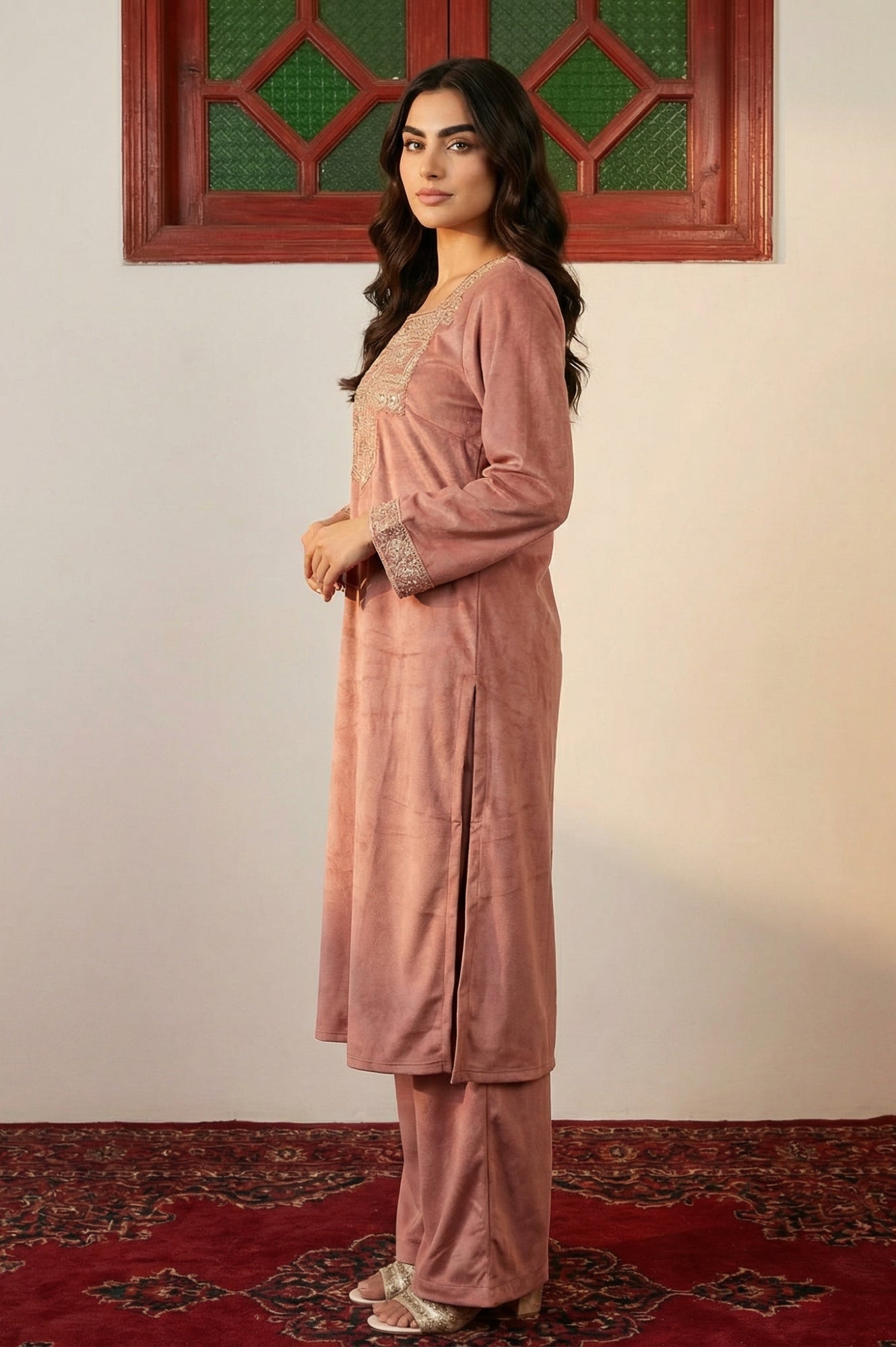 Pink Solid Embroidered Straight Kurta with Flared Pants and Dupatta Set