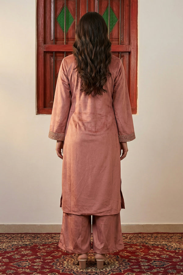 Pink Solid Embroidered Straight Kurta with Flared Pants and Dupatta Set