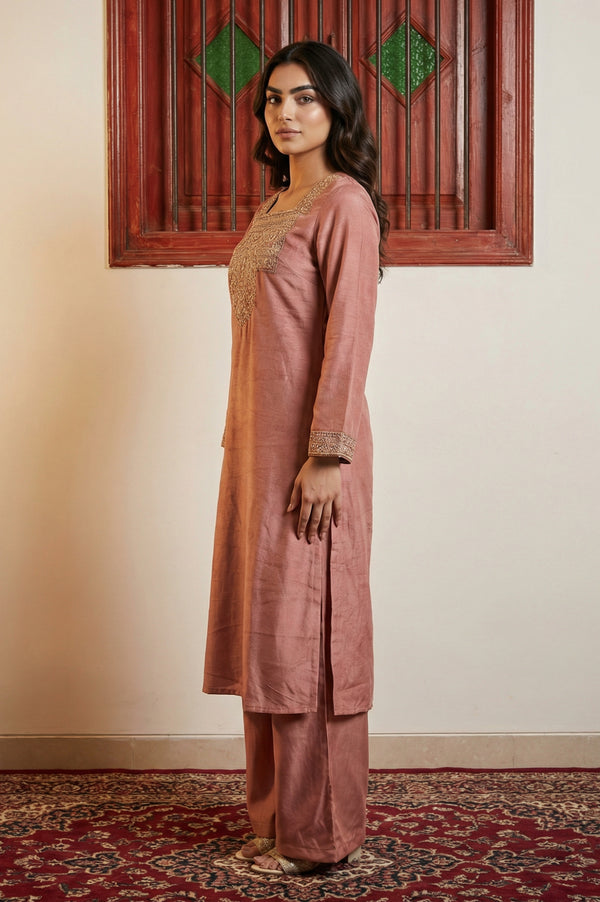 Pink Solid Embroidered Straight Kurta with Flared Pants and Dupatta Set