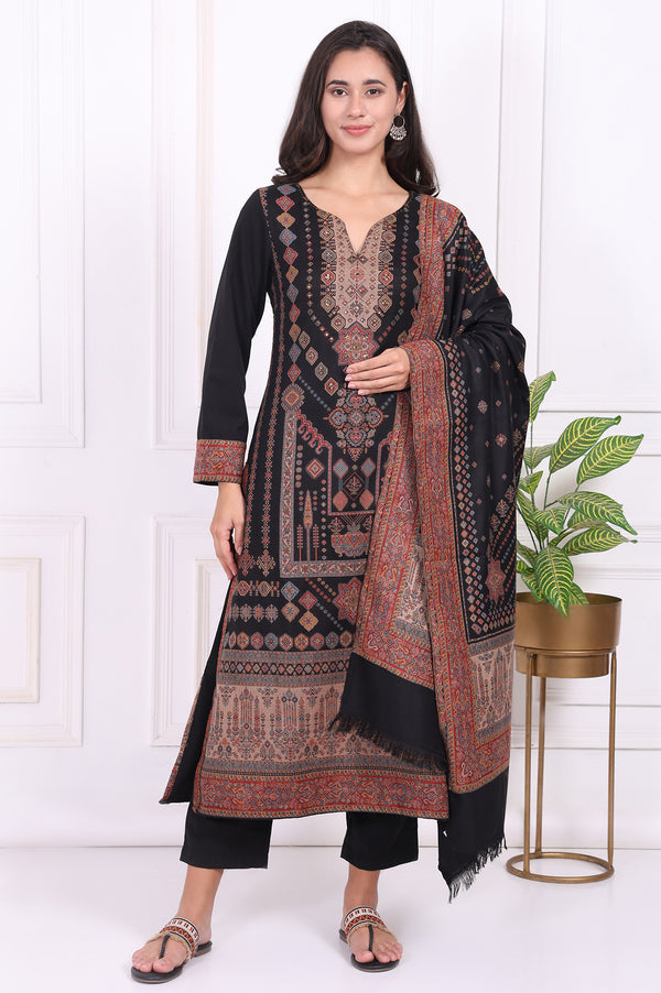 Black Ethnic Motifs Printed Straight Kurta, Pants and Shawl Set