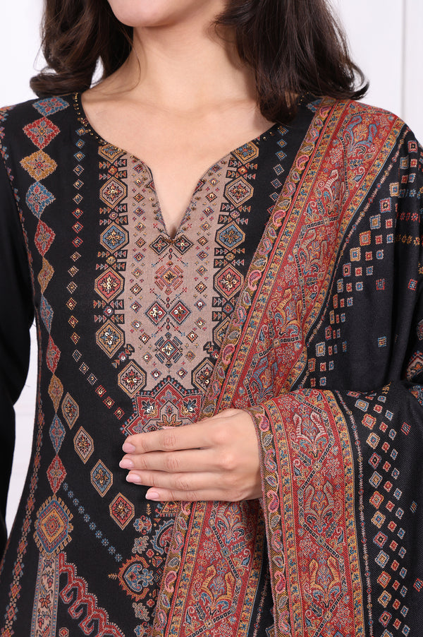 Black Ethnic Motifs Printed Straight Kurta, Pants and Shawl Set