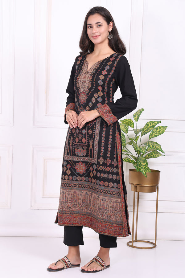 Black Ethnic Motifs Printed Straight Kurta, Pants and Shawl Set