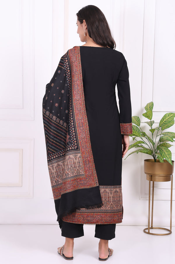 Black Ethnic Motifs Printed Straight Kurta, Pants and Shawl Set