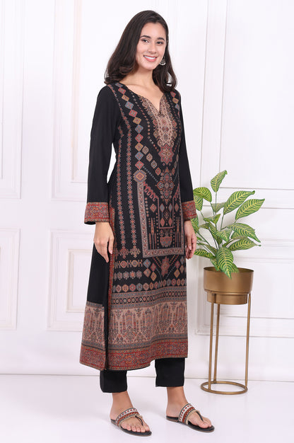 Black Ethnic Motifs Printed Straight Kurta, Pants and Shawl Set