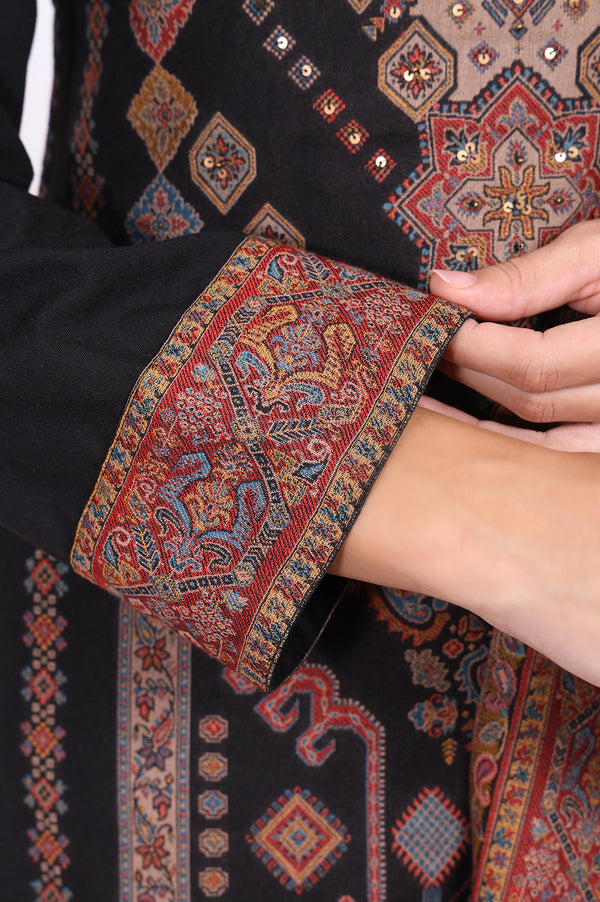 Black Ethnic Motifs Printed Straight Kurta, Pants and Shawl Set