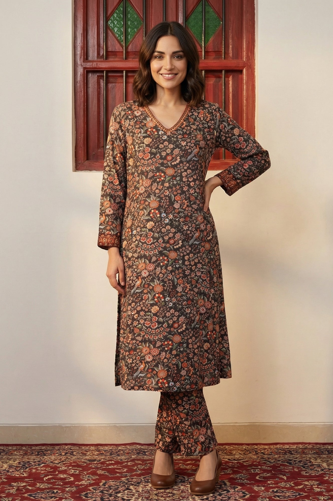 Multicolor Floral Printed Thread Work Straight Kurta with Pants Set