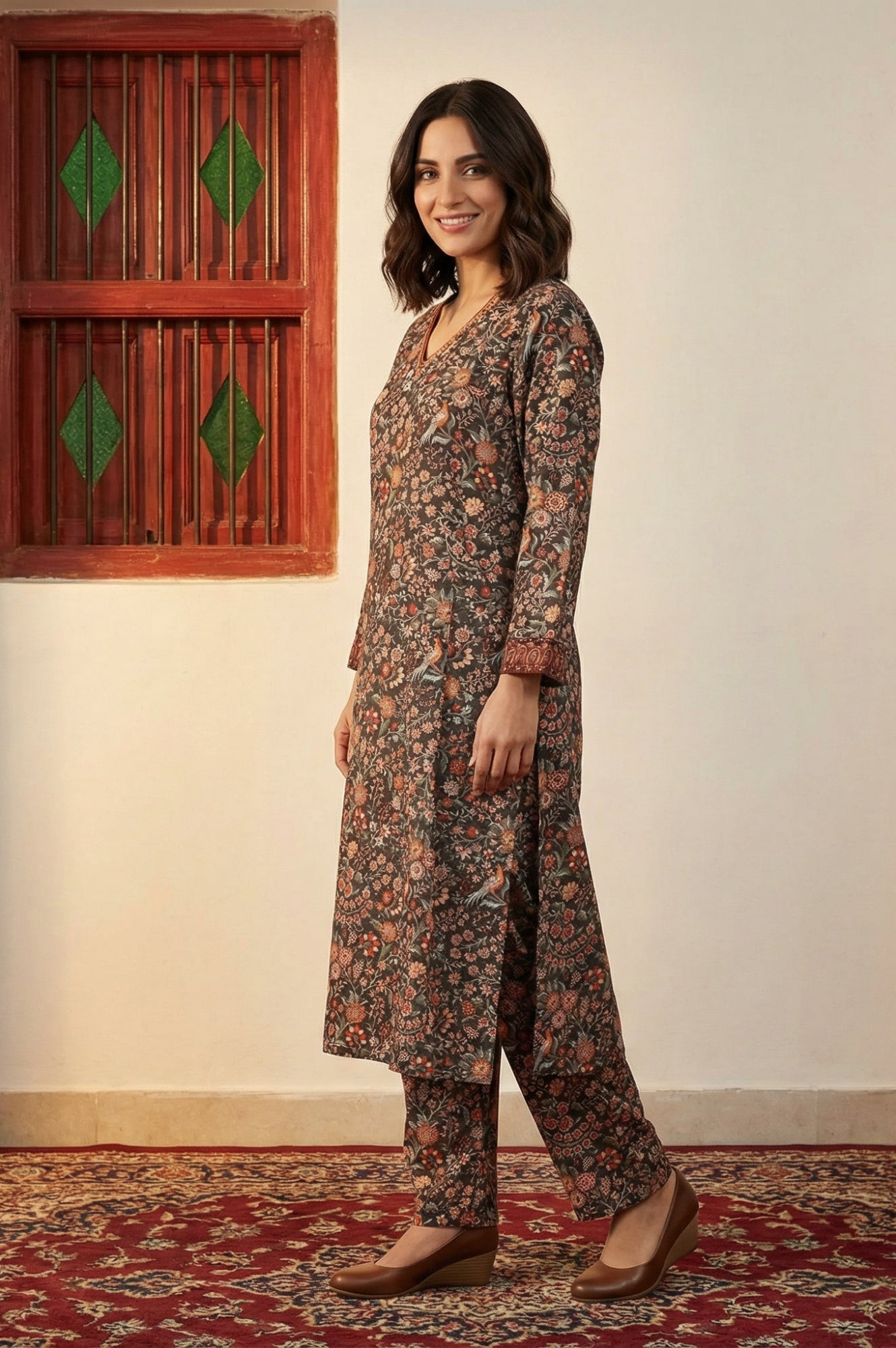 Multicolor Floral Printed Thread Work Straight Kurta with Pants Set