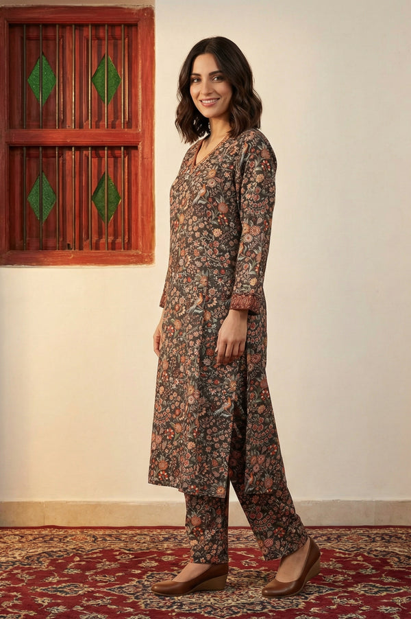 Multicolor Floral Printed Thread Work Straight Kurta with Pants Set