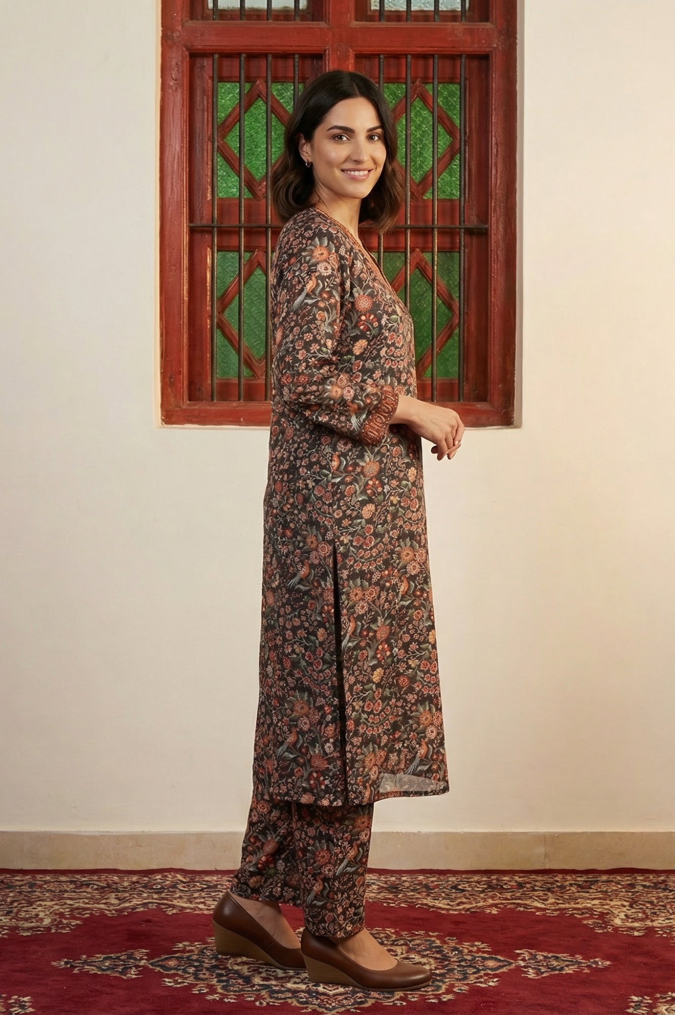 Multicolor Floral Printed Thread Work Straight Kurta with Pants Set