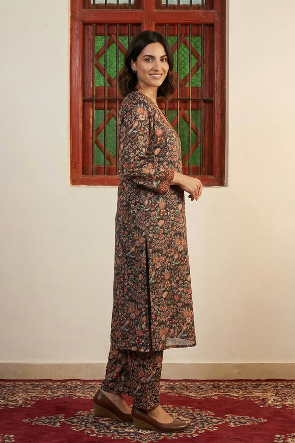 Multicolor Floral Printed Thread Work Straight Kurta with Pants Set