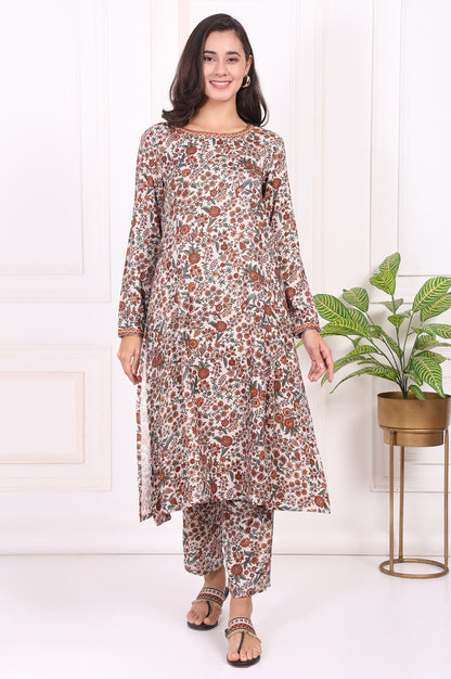White Floral Printed Straight Kurta and Straight Pants Set