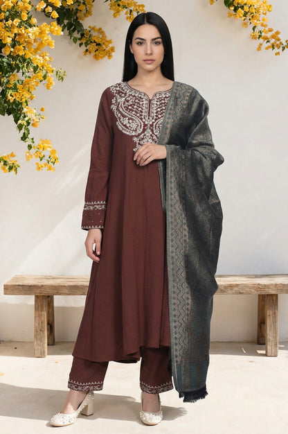 Maroon Sequins Rayon Blend A-Line Kurta with Straight Pant and Shawl Set