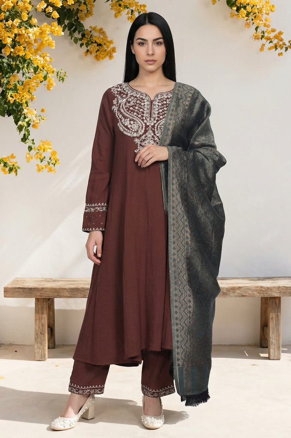 Maroon Sequins Rayon Blend A-Line Kurta with Straight Pant and Shawl Set